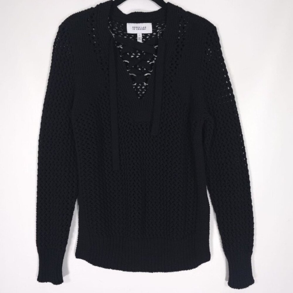 DEREK LAM 10 CROSBY Open-Knit Cotton Lace-Up Top Sweater V‎ Neck Black Size S/P